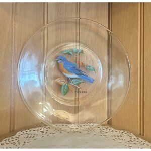Vintage Clear Glass Salad Luncheon Plate Birds of America Bluebird